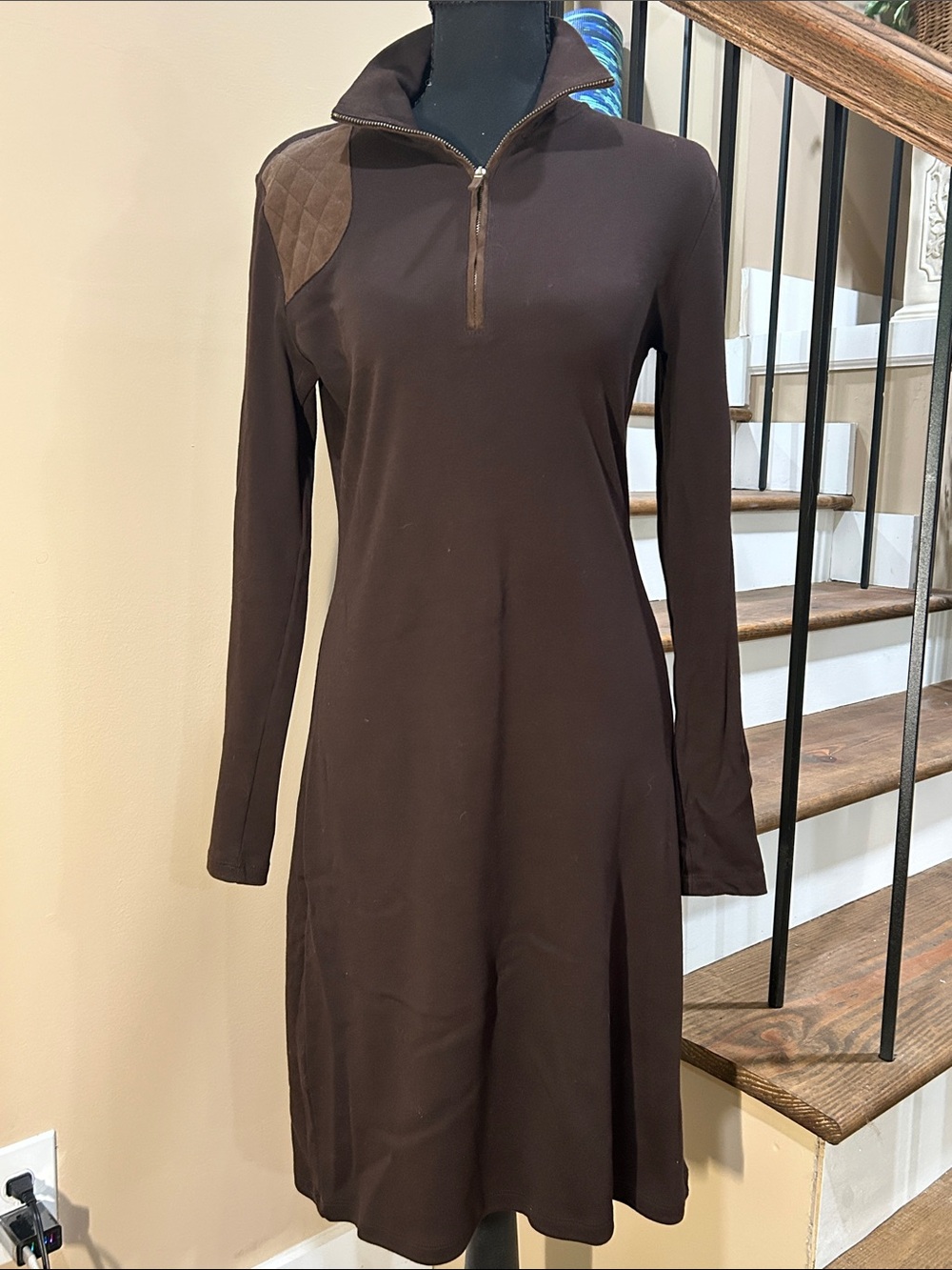 LAUREN Ralph Lauren S Brown Long-Sleeve Quarter-Zip Women's Dress